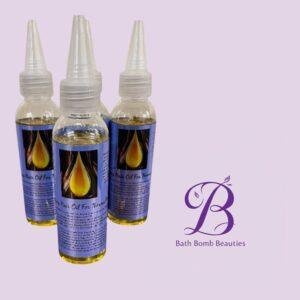 Four clear dropper bottles with blue labels containing yellow liquid on a lavender background; Bath Bomb Beauties logo in the bottom-right corner