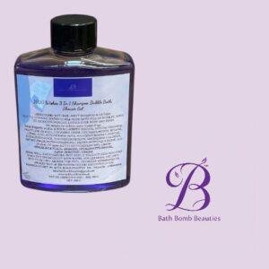 Purple-tinted bath product bottle with a black cap, labeled Bath Bomb Beauties, on a light purple background.