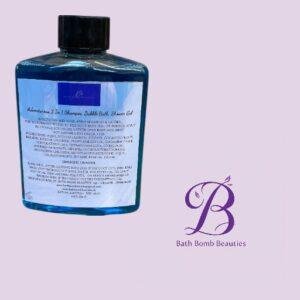 Blue square bottle with a black cap containing blue liquid label text visible but unreadable placed on a lavender background beside a purple bath bomb beauties logo