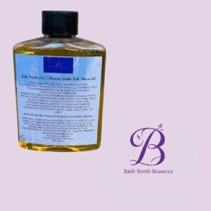 Amber bottle of bath product with a blue label and black cap, next to a purple Bath Bomb Beauties logo on a pale purple background.