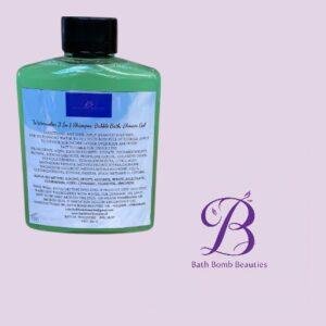 Green bottle with a black cap containing bath product; label text visible and Bath Bomb Beauties logo on a light purple background.