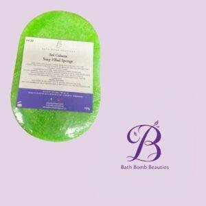 Green soap filled sponge bar labeled sol cabana with bath bomb beauties logo on a lilac background