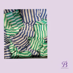 Assorted striped bath bomb wrappers in green and blue inside a box, with Bath Bomb Beauties branding nearby.