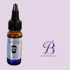 Beard oil and aftershave balm bottle from Bath Bomb Beauties on a lavender background with the brand logo nearby.