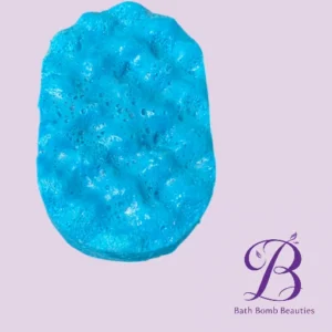 Blue bath bomb with bubbly surface on a pale purple background bath bomb beauties logo in the corner