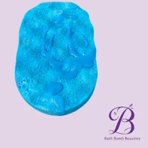 Blue bath bomb with bubbly surface on a pastel purple background brand logo bottom right