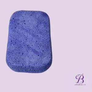 Blue sponge with rounded corners placed on a lavender background brand logo visible in the bottom right corner
