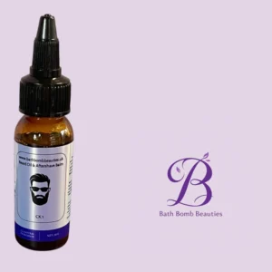Dropper-behind bottle of beard oil on a lavender background with Bath Bomb Beauties logo nearby.