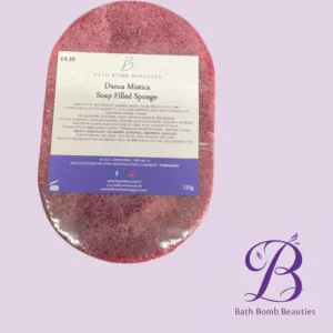 Soap-filled sponge bar labeled 'Danca Mistica Soap Filled Sponge' from Bath Bomb Beauties on a lavender background with logo in the corner and price £4.20 visible on the label.