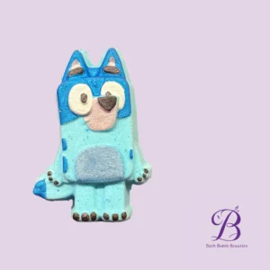 Blue cartoon unicorn bath bomb with closed eyes and pink cheeks on a lavender background bath bomb beauties logo visible