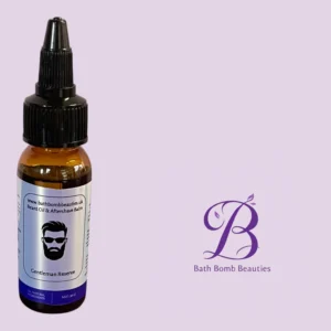 Brown glass beard oil bottle with dropper labeled Gentleman Reserve, on a lavender background with Bath Bomb Beauties logo nearby.