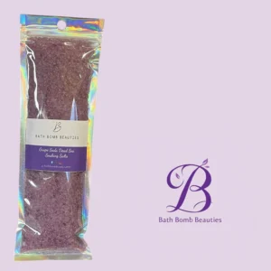 Holographic bag of bath bomb beauties grape soda dead sea soaking salts with lavender background and logo
