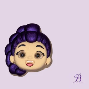 Close up of a cartoon style face with bright purple hair on a lavender background part of a bath bomb beauties product with logo in the corner