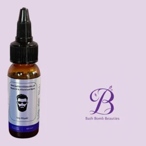 Beard oil bottle with dropper and label reading 'Izzy Miyaki' against a purple backdrop with Bath Bomb Beauties logo nearby.