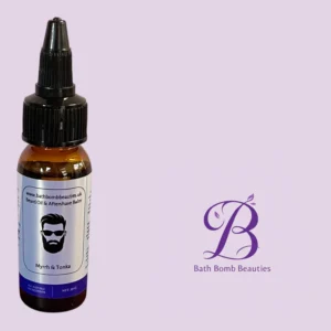 Beard oil bottle with dropper cap on a lavender background; label shows a bearded man with sunglasses and 'Myrrh & Tonka' text.