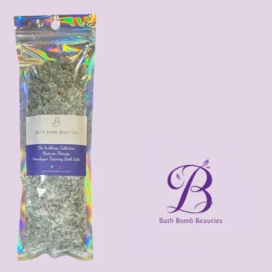 Holographic resealable bag containing himalayan foaming bath salts from bath bomb beauties