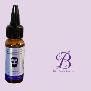 Beard oil dropper bottle labeled Phantom against a lavender background with Bath Bomb Beauties branding nearby.