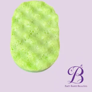 Bright green bubbly bath bomb on a light purple background with the Bath Bomb Beauties logo in the bottom-right corner.