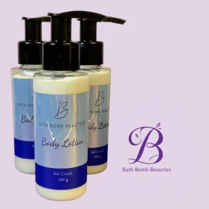 Three bottles of Bath Bomb Beauties Body Lotion with black pumps, labeled Sol Crush, on a lavender background with a purple 'BB' logo.