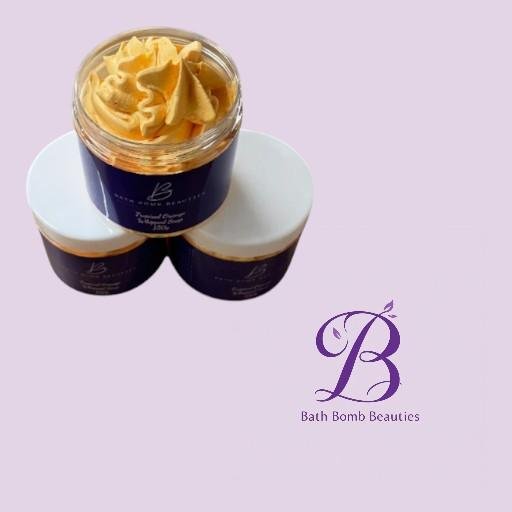 Tropical orange bath bomb beauties Three jars of bath bomb beauties body butter with whipped topping on a lavender background logo in the corner