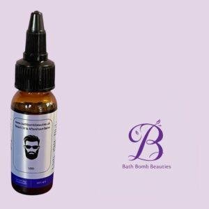 Beard oil bottle with dropper cap against a pastel purple background label shows a bearded man and bath bomb beauties branding on the right side