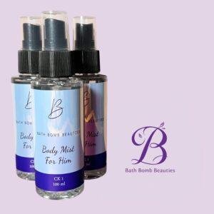 Three bath bomb beauties spray bottles with light blue labels on a lavender background logo visible bottom right