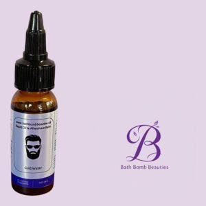 Brown glass dropper bottle of beard oil with label featuring a bearded man icon and cold water on a lavender background bath bomb beauties branding visible