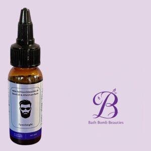 Beard oil bottle with label reading beard oil  aftershave balm fahrenheit against a purple background with bath bomb beauties logo on the right
