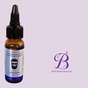 Brown glass dropper bottle of beard oil labeled gentleman reserve beside a bath bomb beauties logo on a light purple background