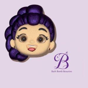 Cartoon girl with purple braided hair and a cheerful expression on a lavender background bath bomb beauties logo