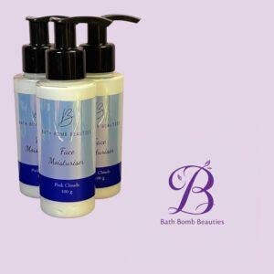 Three bath bomb beauties face moisturisers with pump bottles on a lavender backdrop logo in the corner
