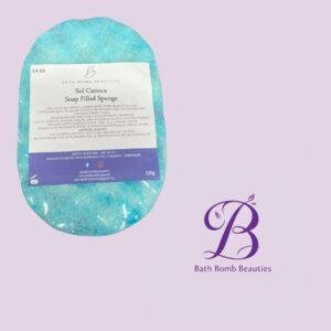 Turquoise soap-filled sponge bath bomb labeled 'Sol Carioca Soap Filled Sponge' on a lavender background with Bath Bomb Beauties branding nearby.