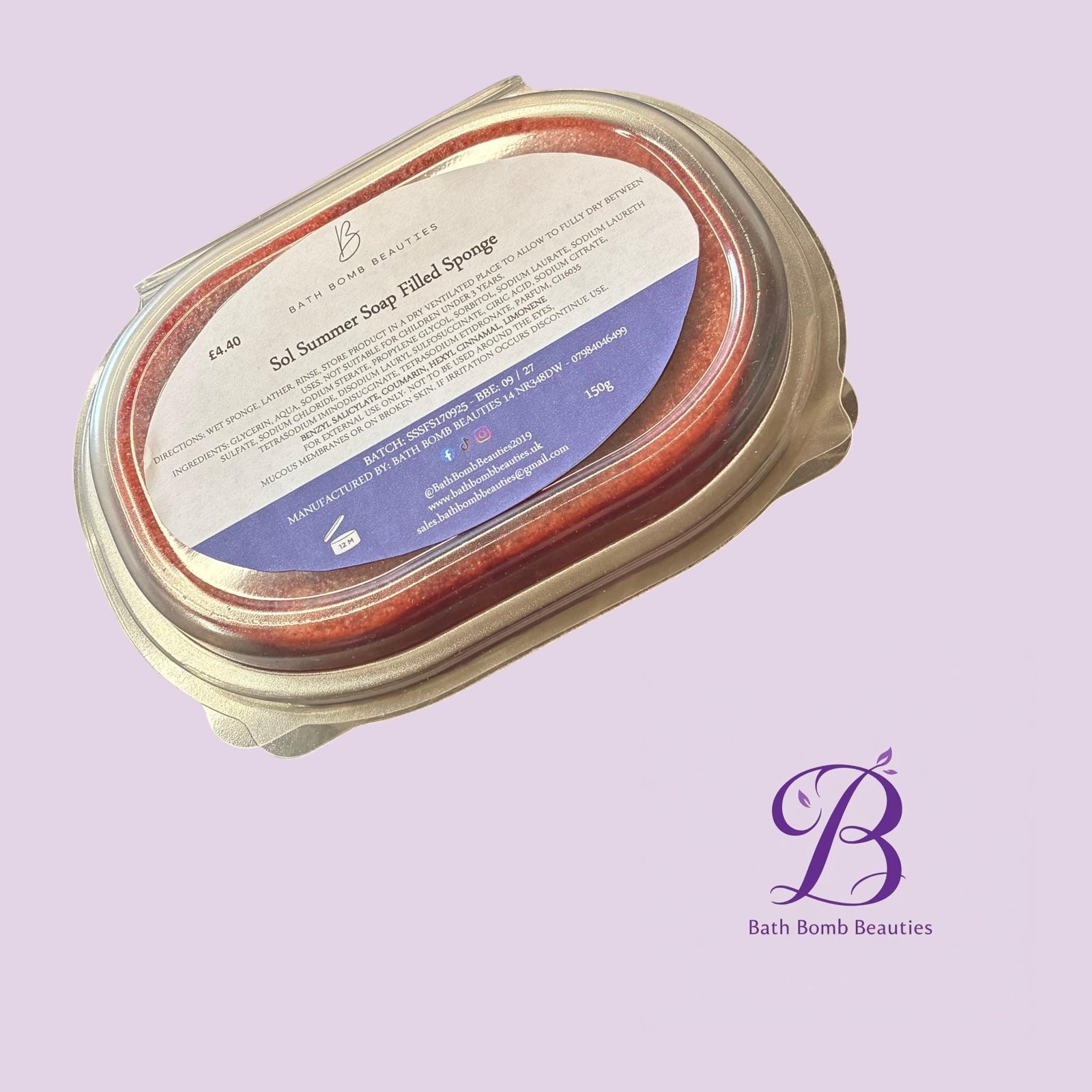 Sol summer norm bath bomb beauties Close up of a bath bomb beauties jar label on a lavender background showing the brand name and product text