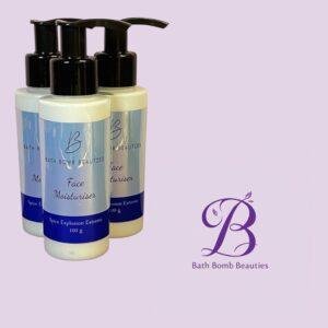 Three pump bottles labeled Bath Bomb Beauties Face Moisturiser on a lavender background with a purple logo in the corner.