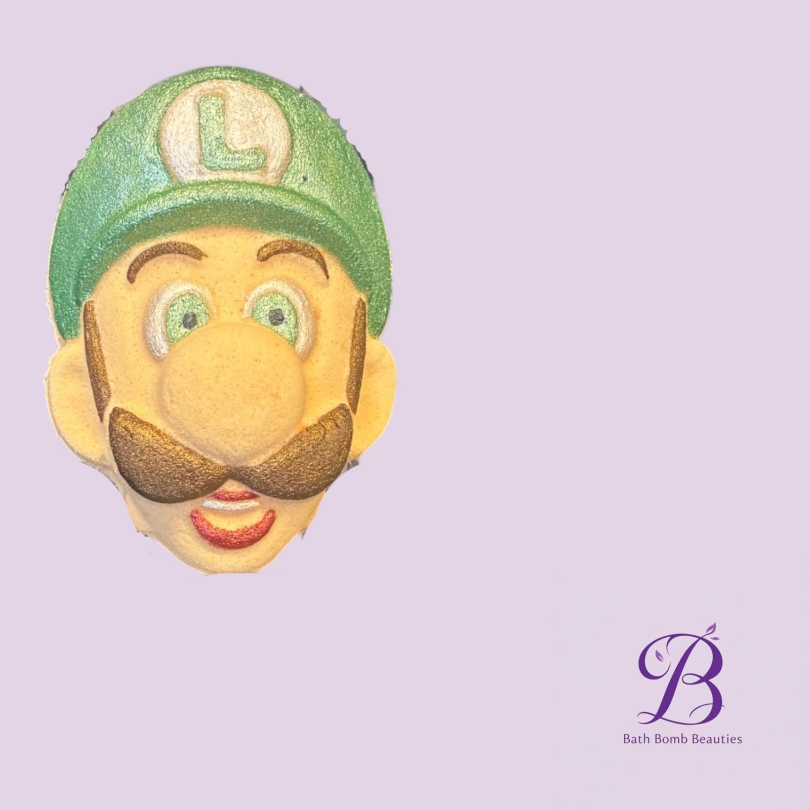 Ck1 luigi bath bomb beauties Partial image of a vintage style doll head wearing a green hat on a lavender background with bath bomb beauties logo bottom right