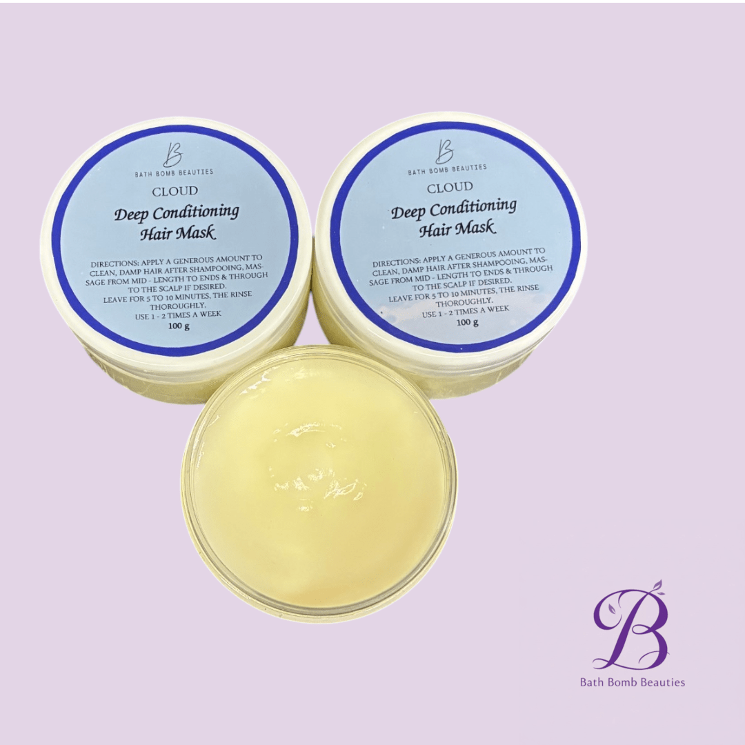 Cloud deep conditioning hair mask bath bomb beauties Two blue lidded containers labeled cloud deep conditioning hair mask with an open pale yellow jar on a lavender background plus bath bomb beauties logo in the corner