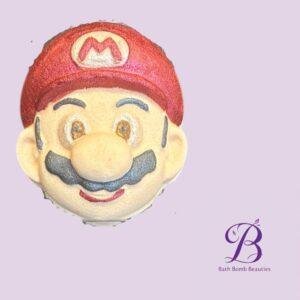 Partial vintage doll head with red hair on a lavender background bath bomb beauties logo visible to the right