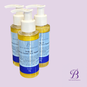 Three pump-bottle bath oil products with blue labels on a lavender background, left-aligned in the frame.
